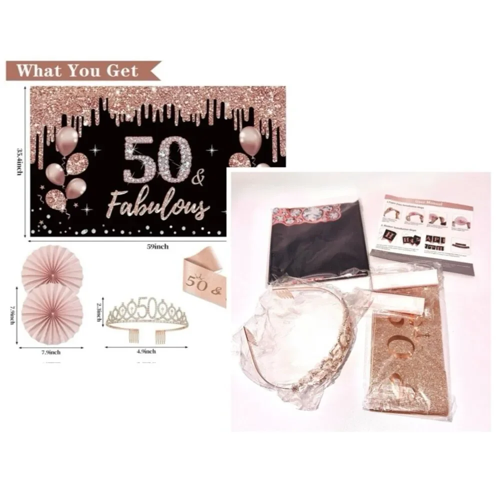 50th Birthday Decorations for Women Black Rose Gold Party Supplies Crown Sash